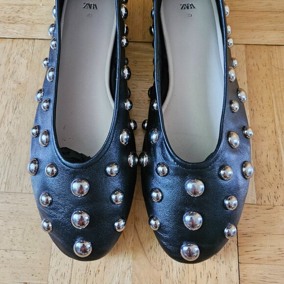 ZARA Studded Leather Black Ballet Flats - Picture 9 of 9